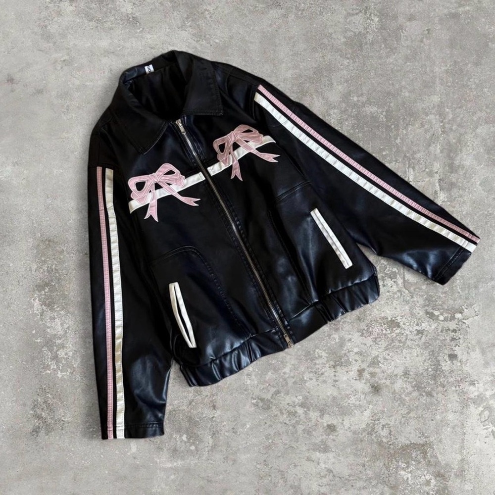 Black Faux Leather Jacket with Pink Bow Accents